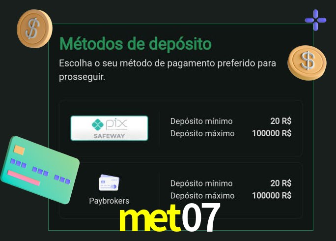 O cassino met07 oferece uma grande variedade de métodos de pagamento